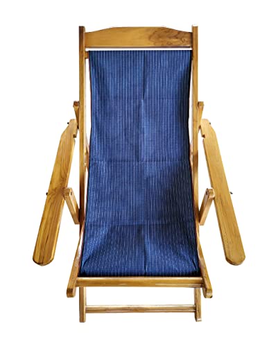 Image of 100% Teak Foldable Portable Five-Levels Adjustable Glossy Finish Polished Recliner Relaxing Easy Chair (Cotton Canvas) (Smooth - Foot And Knee Rest) | Relaxing Chair |