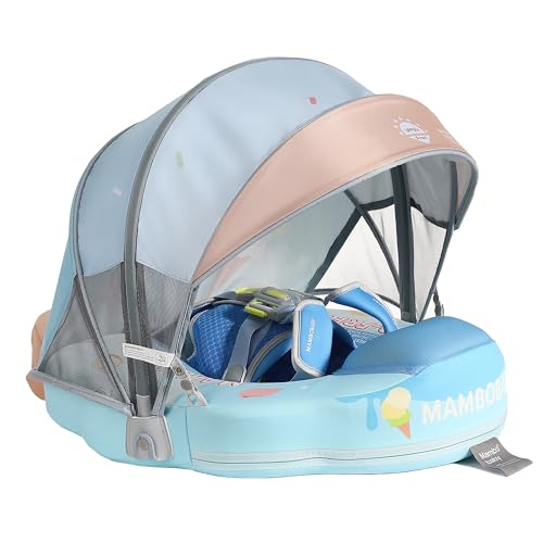 Image of Mambobaby Float with Canopy Baby Pool Float Non-Inflatable Solid Swim Float Upgrade Add Tail Soft Waterproof Skin-Friendly Leather Material (Limited Edition Blue)