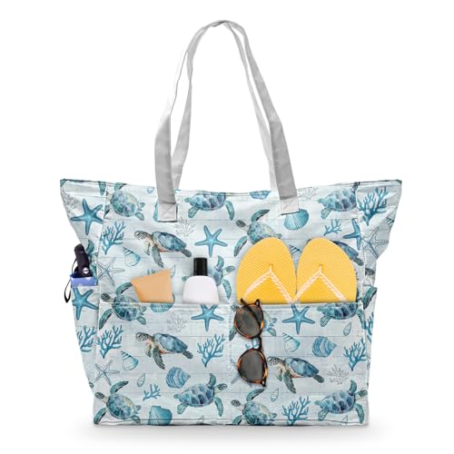 SIOQCKIS Grande borsa da spiaggia impermeabile a prova di sabbia borse da spiaggia per le donne borse da piscina con cerniera borsa da nuoto estiva pieghevole, Tartaruga Marina Stella Mar, Taglia
