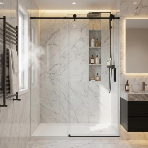 Image of 56-60 inch Frameless Sliding Shower Enclosure, 76 inch H, 8mm Glass, Matte Black | Adjustable width, clear tempered glass, for walk-in showers