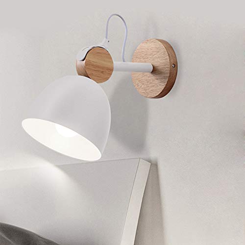 HORKEY Lámpara de pared de madera, moderno foco de pared interior, lámpara de pared de metal y madera, color blanco, con bisel ajustable, 1 casquillo E27, máximo 40 W, sin bombilla Cover