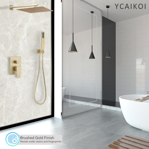 Image of Brushed Gold Shower System YCAIKOI Wall Mount Shower Faucet Set for Bathroom 10 Inch High Pressure Luxury Shower Head with Handheld, Rough-in Valve Body and Trim Included