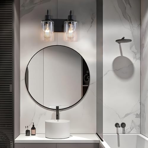 Image of Matte Black Bathroom Light Fixtures Over Mirror,2-Light Bathroom Vanity Light with Clear Glass Shade,Modern Farmhouse Wall Sconces Lighting for Kitchen Living Room Bedroom Cabinet