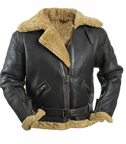Mens B3 Bomber RAF Aviator Flight Real Shearling Fur Black Pilot Sheepskin Real Leather Jacket (MEDIUM)