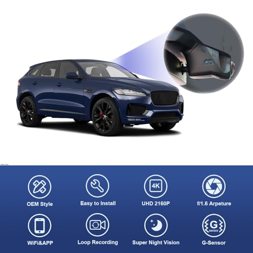 Image of Fitcamx 4K Dash Cam for 2017-2021 Jaguar F-Pace (Model 6053) 20d 25t 35t P250 P340 P400 Preimum R-Sport Prestige X761, OEM Look, UHD 2160P Video, WiFi & APP, Loop Recording, G-Sensor, Plug&Play, 64GB