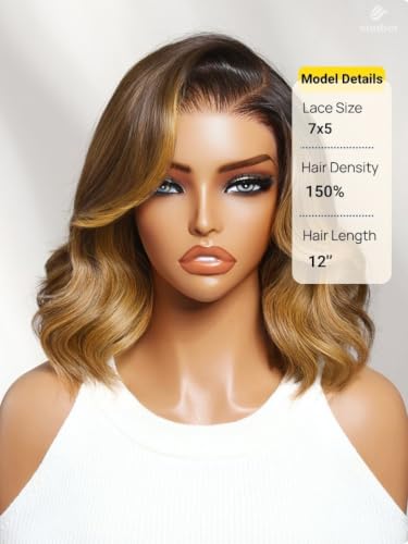 Image of Sunber Bye Bye Slip Ombre Brown Highlight Glueless Bob Wig Human Hair 7x5 Pre Cut Lace Front Loose Wave Drawstring Wig Blonde Face-Framing Highlights Pre Plucked Bleached Knots Ready to Go Wig 10Inch