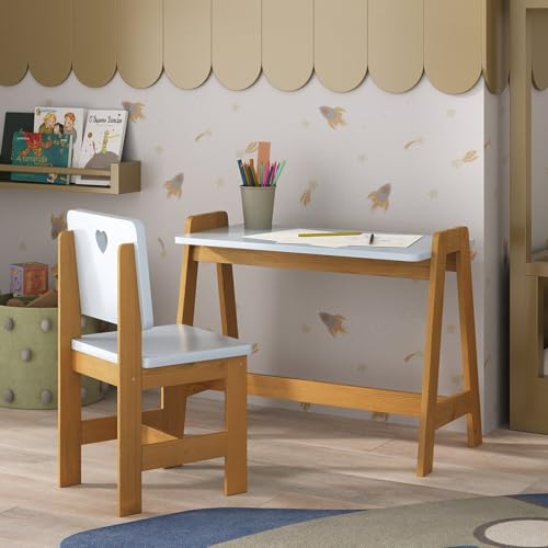 Conjunto Mesa Escrivaninha + 1 Cadeira Infantil Sofia Azul/Mel Madeira de Pinus/Mdf