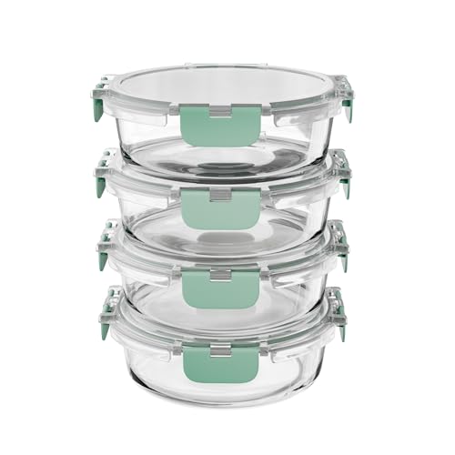 Amig - Set de 4 Recipientes redondos Herméticos para Alimentos - Capacidad: 400 ml - 130 x 130 x 52 mm - Contenedor de Cristal para Microondas, Horno, Congelador y Lavavajillas - Color verde
