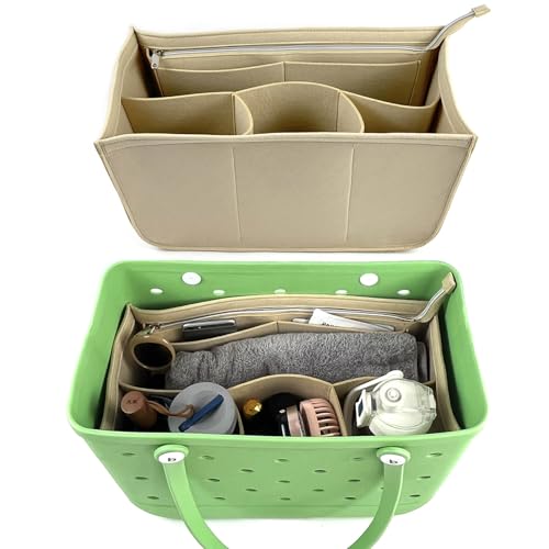 WZLMOUAO Rubber Beach Bag Organizer Liner for X-Large Bogg Bag/Simply Southern, Felt Insert Divider with Zippered Storage for Bogg Bag Accessories (Large Beige)