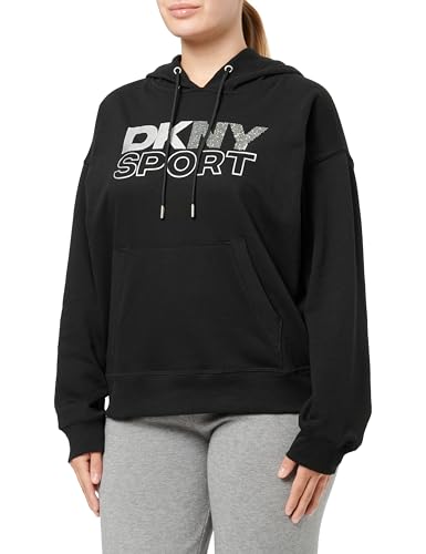 DKNY Womens Foil Rhinestone Logo Hoodie With Kanga Pocket Sweatshirt, Black And Silver, M UK