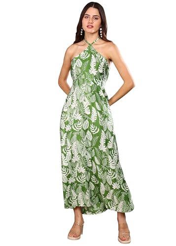 Image of Yash Gallery Women's Microfiber Halter-Neck Maxi Dress | Green Leaf Print | Tie-Up Neck, Elasticated Waist, Sleeveless | Casual, Beach & Resort Wear