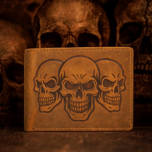 MARSHAL Men’s RFID Blocking Vintage Leather Bifold Wallet with Triple Skull Debossed Design (Tan)3