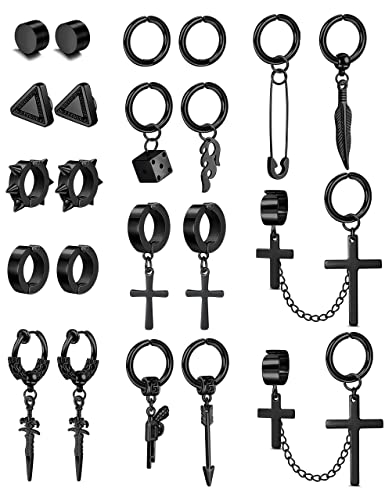 Florideco 22Pcs Stainless Steel Fake Earrings for Men Women Cross Chain Pendant Earring Non-Piercing Huggie Hoop Earrings Set Clip On Earrings for Men Black Fake Earrings