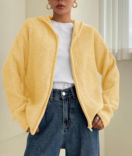 Image of SOLY HUX Zip Up Cardigan for Women Hooded Cardigan Sweater Knitted Drop Shoulder Fall Clothes Winter Hoodies Outerwear