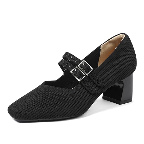 Women's Pumps Chunky Heels Pointed Toe Knit Comfortable Casual Work Office Dress Shoes