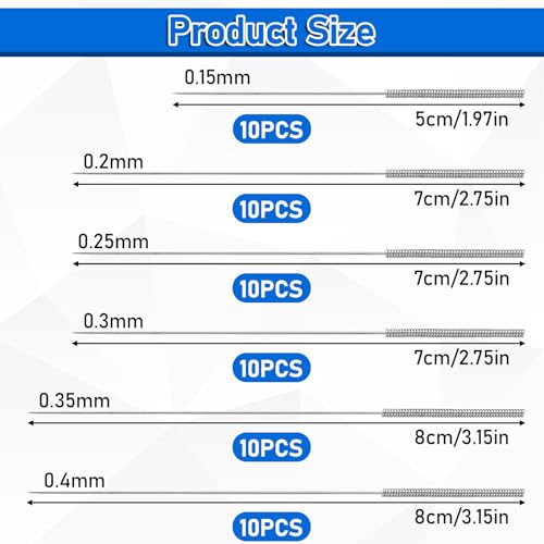 60 Stück 3D Drucker Düsen Reinigungs Nadel, 3D Drucker Düsenreinigungsset, Edelstahl Düsenreinigungsnadeln, 0,15/0,2/0,25/0,3/0,35/0,4 mm Nozzle Cleaning Tool Kit Nadeln – Bild 3