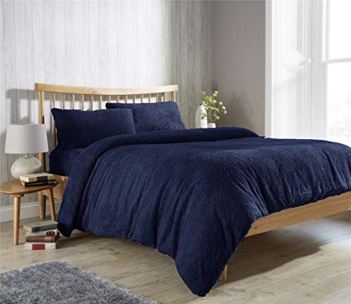 TEDDY BEAR FUR SHERPA FLEECE DUVET COVER, FITTED SHEET & PILLOWCASE BEDDING BED LINEN SET (Navy Blue, Small Double Fitted Sheet)