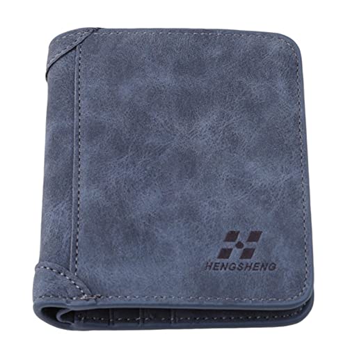 Men's Short PU Leather Wallet Retro Tri-fold Multi-card Money Clip,Vertical Blue