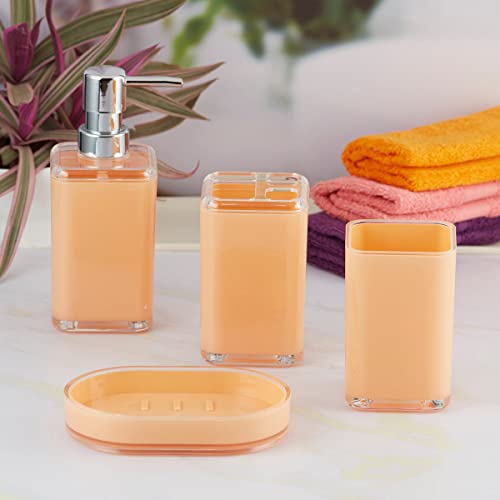 Image of Kookee Acrylic Bathroom Set - Stylish 4 Piece Bath Accessories Kit with Soap Dispenser, Toothbrush Holder, Tumbler & Soap Dish - Modern & Designer Decor for Home & Guest Bathrooms (10047)