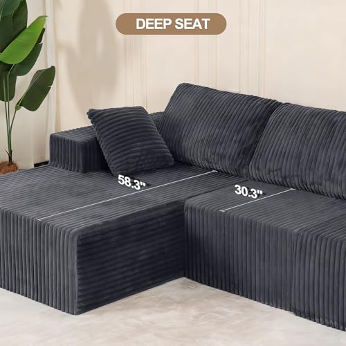 Image of L Shaped Modular Boneless Sectional Couches for Living Room, Wide Armrest, Deep Seat, Memory Foam, Assembly Free, Modern Comfy Corduroy Fluffy Cloud Sofa with Left Chaise, Grey
