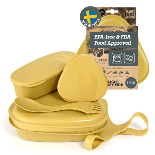 Light My Fire 6-Piece Camping Mess Kit for 1 — Lunch Kit with 3-in-1 Reusable Spork Camping Utensils, Mess Kits for Scouts, BPA-Free Dishwasher Safe Lunchbox, Hiking Backpacking Picnic, Mustyyellow