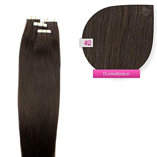 Tape Extensions Echthaar Haarverlängerung 50cm Tape In Haare mit Klebeband 40 Tressen x 4 cm breit und 2,5g Gewicht pro Tresse Farbe #2 Dunkelbraun Cover