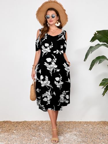 Image of LARACE Plus Size Women Dress for Summer, Midi Women's Sundress, Casual V-Neck Short Sleeve Flowy T-Shirt Dresses with Pockets