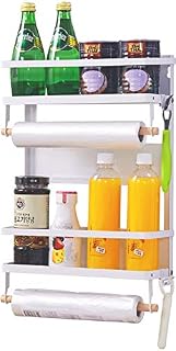 LUOOV Fridge Magnet Organiser, Shelf Unit with 4 Hooks & Paper Towel Holder, Kitchen Storage Spice Rack, White