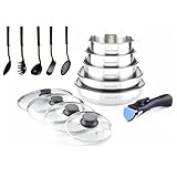 Poignée ergonomique, couvercles en verre et bec verseur pour une manipulation sûre et pratique : La poignée ergonomique amovible assure une prise en main confortable et sécurisée, réduisant ainsi la fatigue lors de la manipulation des ustensiles. Les couvercles en verre permettent de surveiller la cuisson facilement, tandis que le bec verseur facilite le service des plats sans renversement.