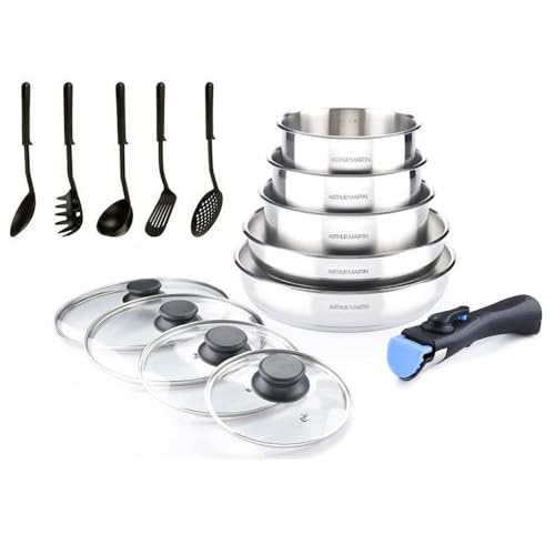 AM5535: Arthur Martin 15-Piece Cookware Set Stainless Steel Frying Pans and Saucepans with Accessories, Polished Mirror Interior, Compatible with All Heat Sources Including Induction, Chrome Colour