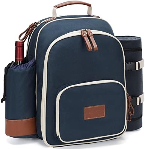 HappyPicnic Insulated Picnic Backpack for 4 with Full Stainless Cutlery Set, Roomy Cooler Compartment, Bottle Holder and Large Waterproof Mat for Gift