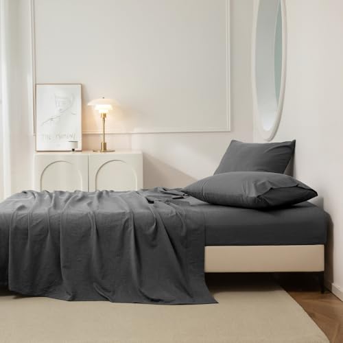 JIYUAN Twin Washed Cotton Sheet Set, 3-Piece, Relaxed Linen Feel - image 5