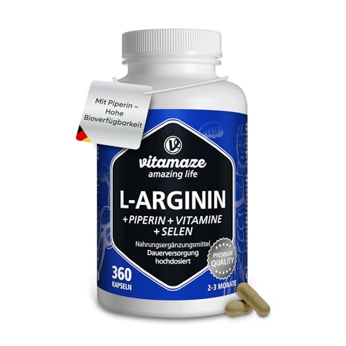 L-Arginin Kapseln hochdosiert, 360 Kapseln mit VITAL-Formel B6, B12, Folsäure, Selen und Piperin für 3 Monate, Nahrungsergänzung ohne unnötige Zusätze, Made in Germany