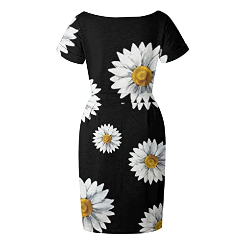 KQKAQJW Vestido feminino casual com gola redonda e manga curta para festa, clube, com laço na cintur