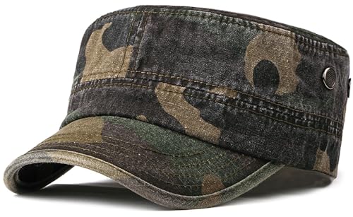 Malaxlx Woodland Camo Military Cadet Army Cap for Men Women Washed Cotton Vintage Adjustable Flat Top Hat