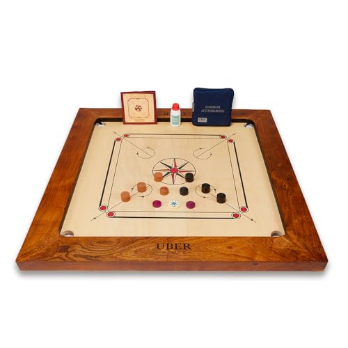 Uber Games – Bulldog Carrom Board Set – 37” x 37” Official Size Playing Board Including Carrom Men, Striker & Powder - Hardwood Edges for Better Rebound – Made in India – Great Value for All Players