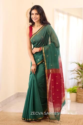 Image of ZECVA Women's Pure Soft Spun Cotton Lichi Silk Saree For Women With Attach Unstitch Blouse Piece