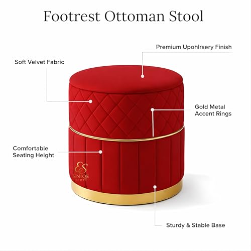 Image of Set of 2 Round Velvet Ottoman Footstool Gold Base - Tufted Upholstered Pouffe Stool for Living Room, Bedroom & Dressing Area (Red)