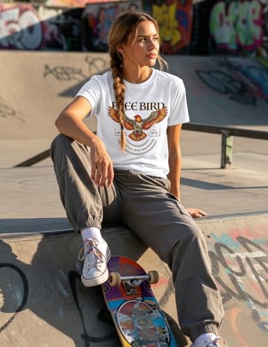 LETSEE Short Sleeve Shirts for Women Free Bird Vintage Rock Graphic Tees Casual Crewneck Tops Summer Rock Tee White — view 6