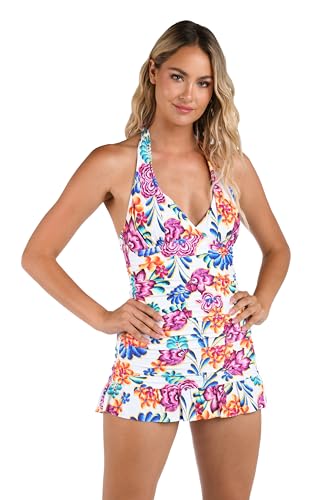 La Blanca Women's V-Neck Halter Tankini Swimsuit Top, Multi//Flor De Paradiso, 6
