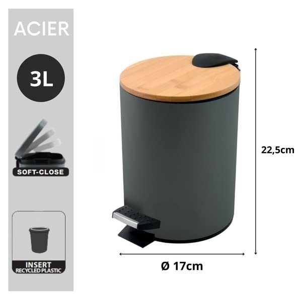 Spirella Adonis Cosmetic Bin, 3 Litres, Stainless Steel, Bamboo with Soft-Close Mechanism and Inner Bucket, Bathroom Bin - Image 3
