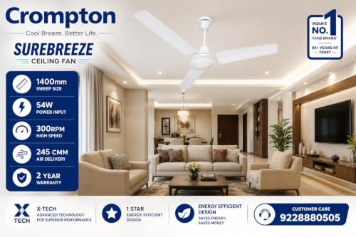 Image of Crompton High Speed Cool Breeze 1400 mm (56 inch) Ceiling Fan with Energy Efficient Design, 1 Star Rating (Opal White)
