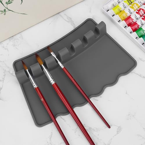 Image of Silicone Paint Brush Holder, Brush Holder for Artist, 6 Slots Large Paint Brushs, Rest Suitable Watercolor, Oil, Acrylic Painting Brushes Storage(Grey)