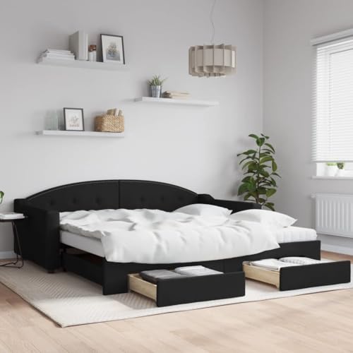 Yunovire Cama de día extensible negra 100 x 200 cm con 2 cajones, funda de tela, sofá cama para habitaciones de invitados, estructura de metal resistente y madera, cómodos colchones de espuma