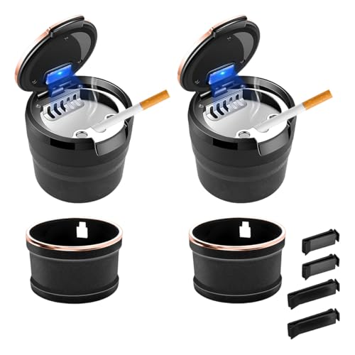 Image of 2PCS Car Ashtray with Lid, Detachable Auto Smokeless Ash Tray with LED Blue Light, Portable Ashtray for Vehicle Cup Holder and Air Vent Home Office, Interior Car Accessories (Black&Rose Golden)
