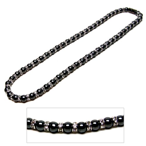 Accents Kingdom Women's Magnetic Hematite Therapy & Healing Stone With Tuchi Simulated Pearl Necklace With Simulated Clear Crystal, 18" #TOP1