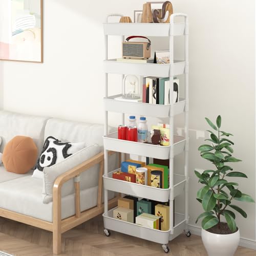 Image of Sywhitta 6-Tier Plastic Rolling Utility Cart with Wheels for Storage,White | Multi-Functional Storage Trolley, for Office, Living Room, Kitchen, Bathroom,Movable Organizer,Space-Saving,Easy to assemble