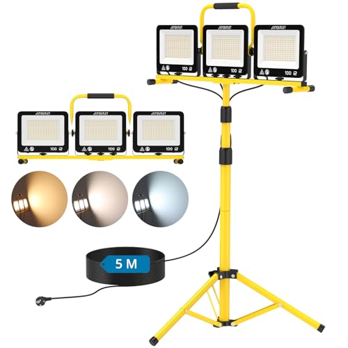 AUTOUTLET Faretto da Cantiere con Treppiede Allungabile,3x 100W 27000LM Faro Led Ricaricabile con 3 Temperature Colore e Cavo di Alimentazione da 5 M,IP66 Impermeabile,per Garage Officina e Esterno