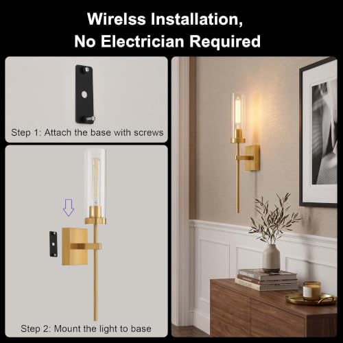 Image of Wireless Wall Sconces with Remote Control, Brushed Gold Battery Operated Wall Sconce Set of 2, Dimmable Rechargeable Wall Decor Lights for Living room Dining room Bathroom Bedroom Hallway Stairwell