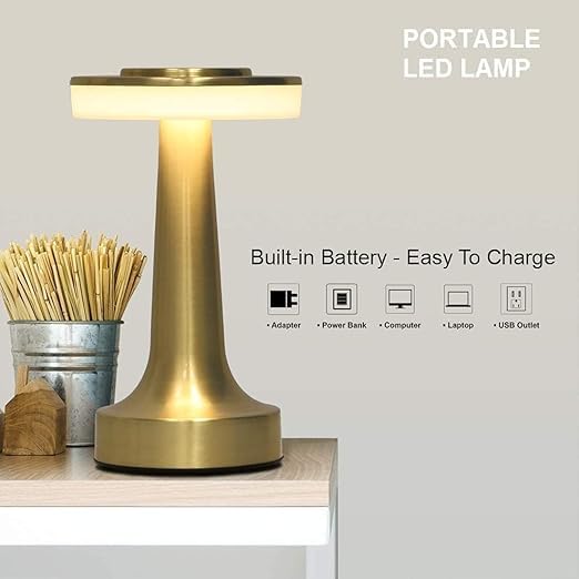 Image of One94Store Retro Gold LED Table Lamp - Touch Sensor, 2000mAh Rechargeable | 3 Brightness Levels Warm Light | Elegant Metal Night Lamp for Bedroom, Kids, Bedside & Cafe Decoration